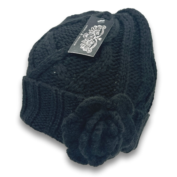 Black Thick Warm Knit Beanie Long Cuffed With Flower Accent Fall Winter Snow Hat - Picture 1 of 7